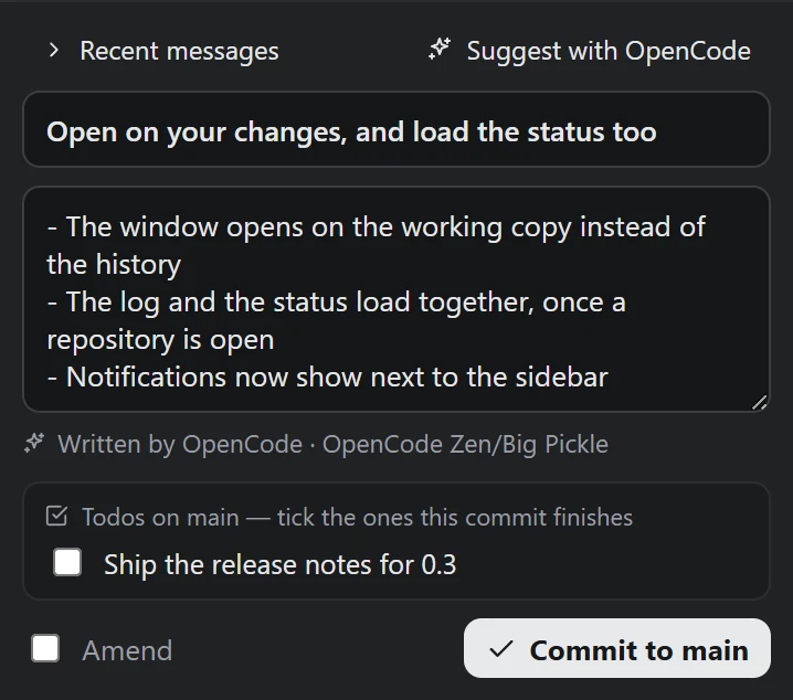The commit box: a summary and three lines of description written by an AI agent, and under them, Written by OpenCode and the model it used