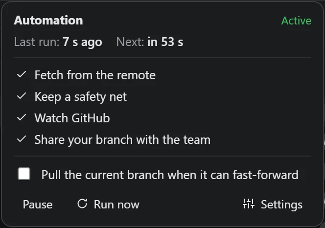 The Automation card: last run just now, next in 56 seconds, and the steps that run every cycle