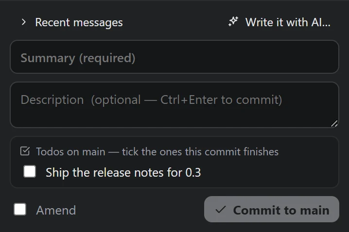 The commit box: summary, description, and under them the open todo of the branch main, with a box to tick
