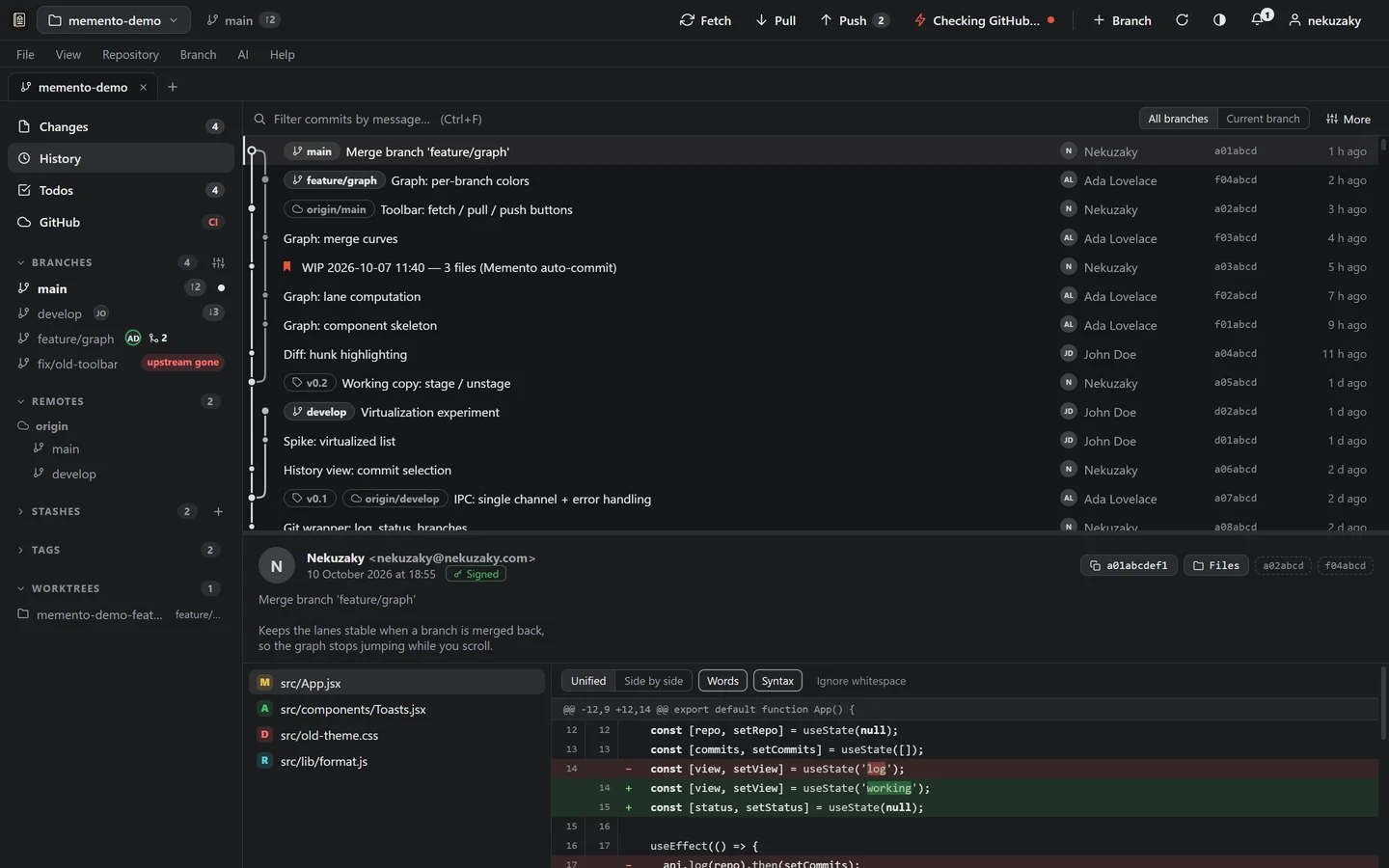 The Memento window: the commit graph, the branches in the sidebar, and a commit with its diff